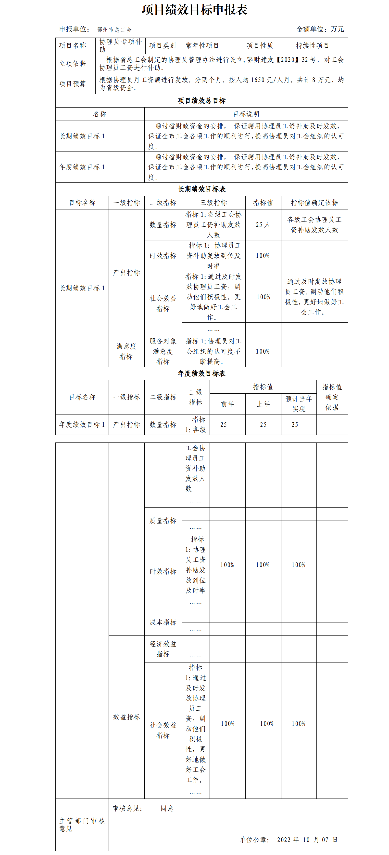 项目绩效目标申报表(协理员专项）